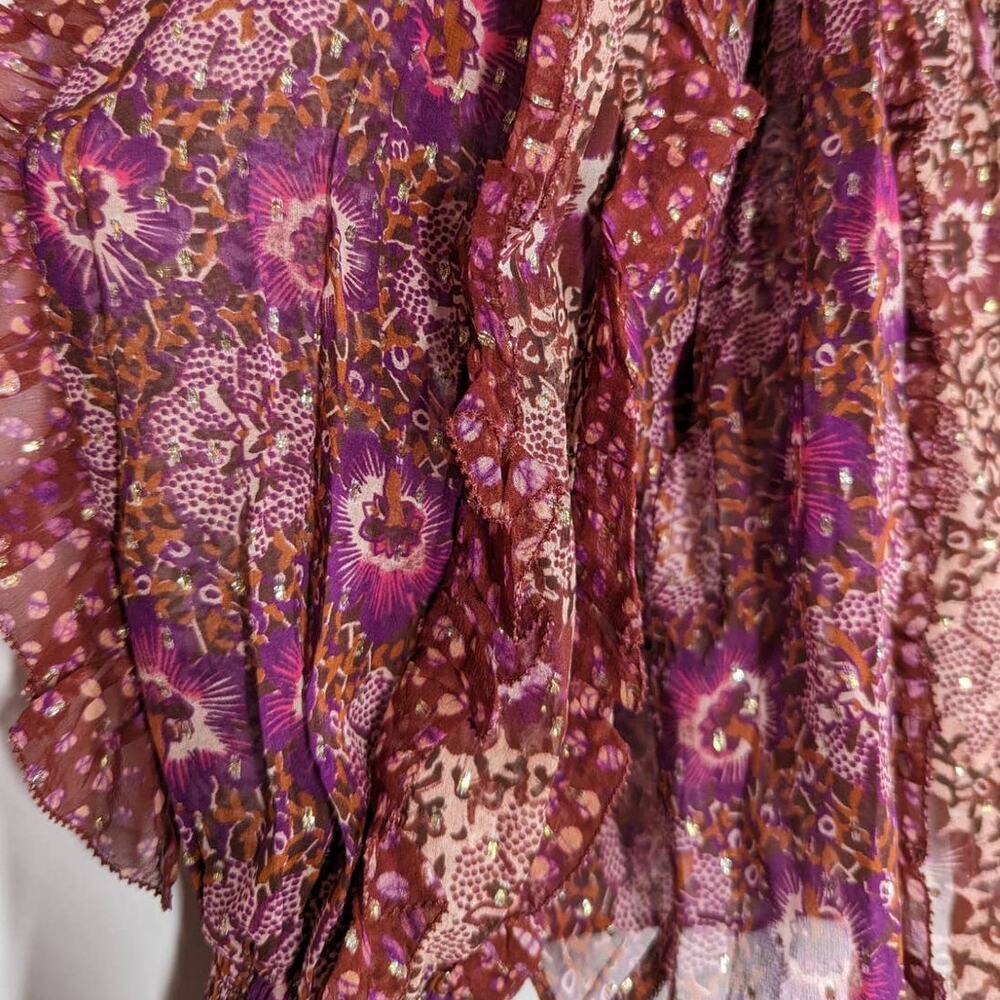 ULLA JOHNSON Elita Ruffle Long Sleeve Blouse Claret Patchwork Size 0 XS Preowned - Picture 11 of 15